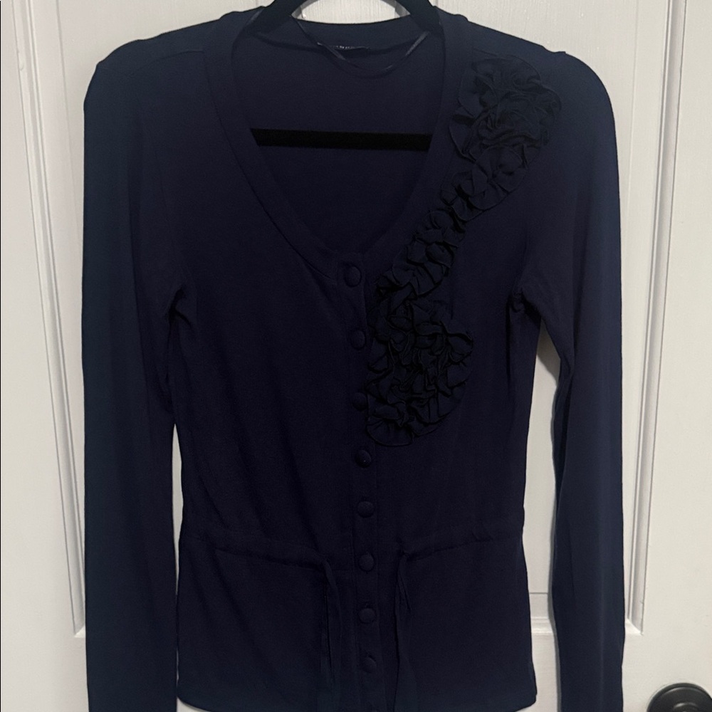 Women's Navy Ruffle-Accent Button Front Cardigan Hoodie